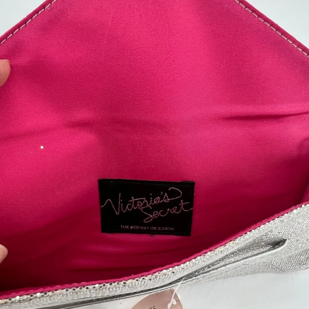 Victorias Secret Silver Glitter‎ Envelope Clutch Pink Lining Evening Bag